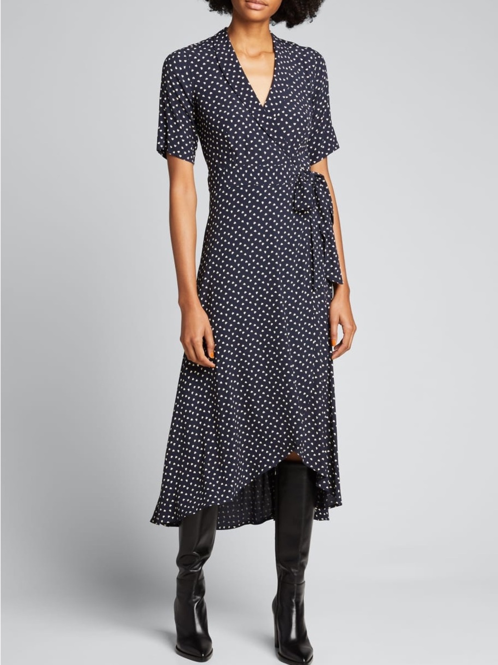 GANNI Tiny Heart Printed Crepe Midi Wrap Dress Size 42 Navy/Gold